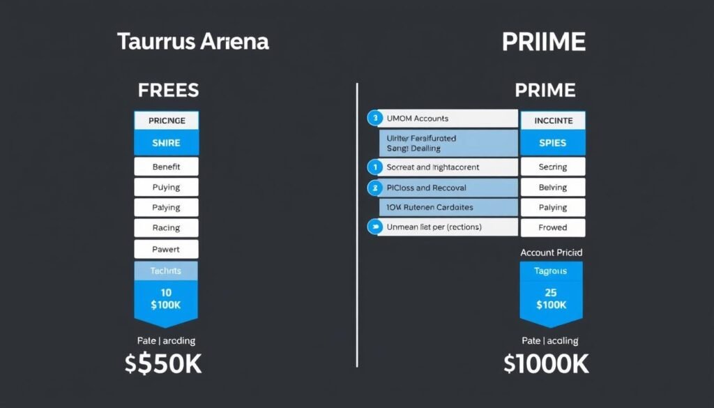 Comparison of Taurus Arena FREES vs PRIME account models showing pricing differences Comparison of Taurus Arena FREES vs PRIME account models showing pricing differences