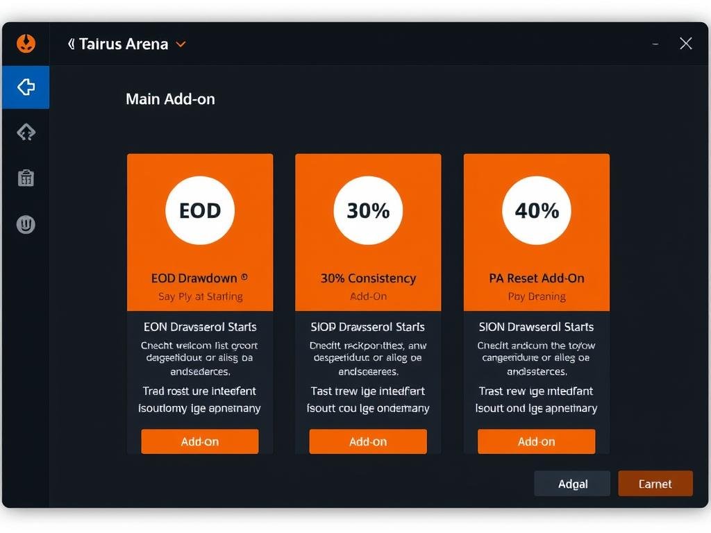 Taurus Arena add-on options interface showing EOD Drawdown, Consistency, and PA Reset features Taurus Arena add-on options interface showing EOD Drawdown, Consistency, and PA Reset features