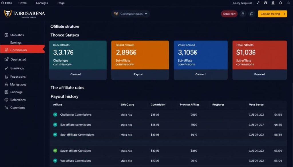 Taurus Arena affiliate dashboard showing commission structure and earnings Taurus Arena affiliate dashboard showing commission structure and earnings
