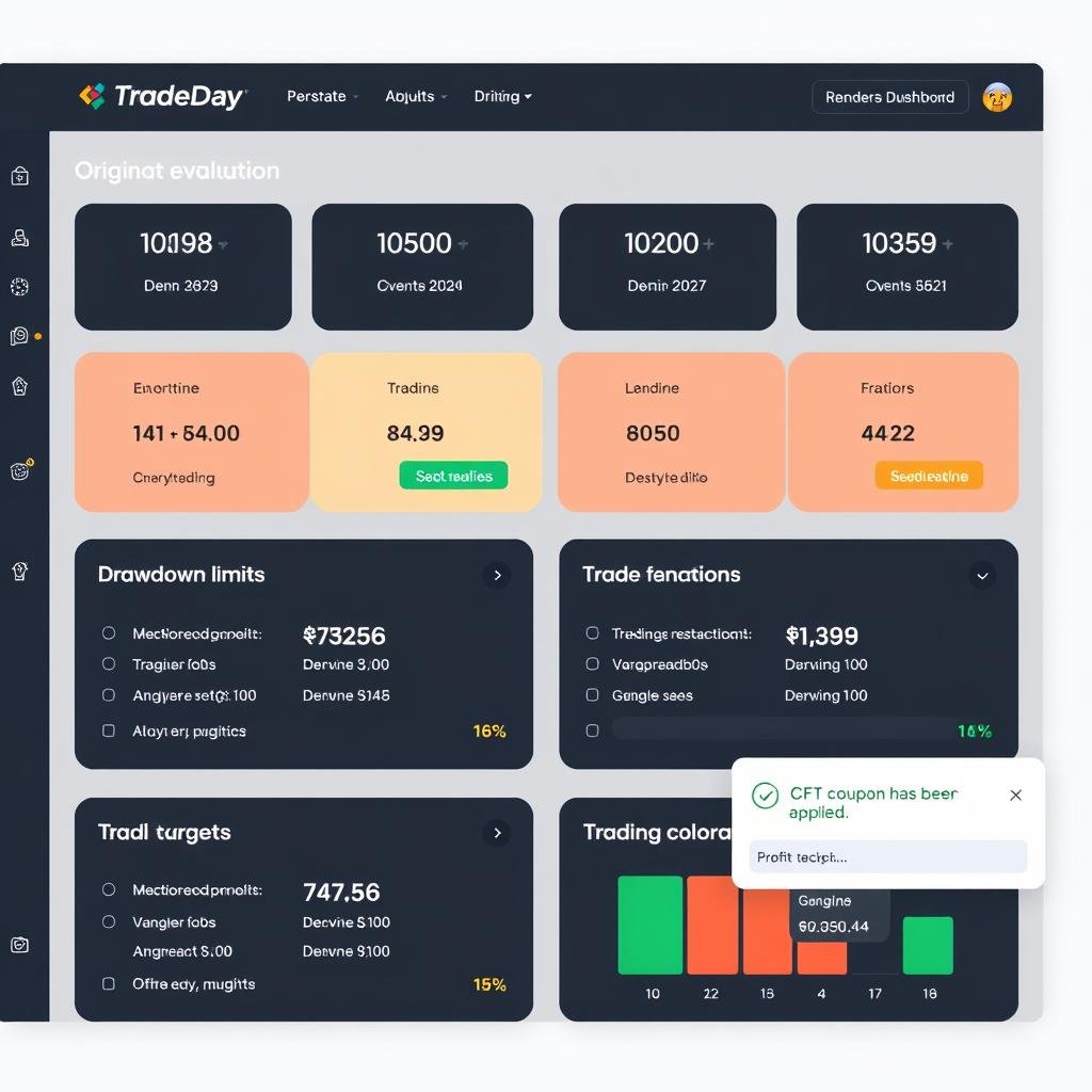 TradeDay evaluation rules dashboard with CFT coupon applied TradeDay evaluation rules dashboard with CFT coupon applied