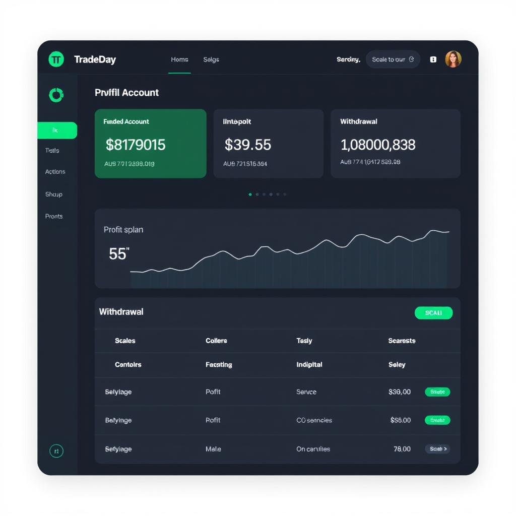 TradeDay funded account dashboard showing profit splits and withdrawal options TradeDay funded account dashboard showing profit splits and withdrawal options