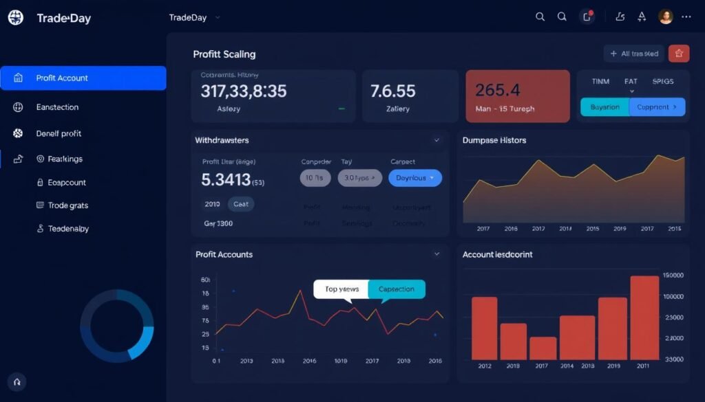 TradeDay funded trader dashboard showing profit scaling and withdrawal features with CFT coupon applied TradeDay funded trader dashboard showing profit scaling and withdrawal features with CFT coupon applied