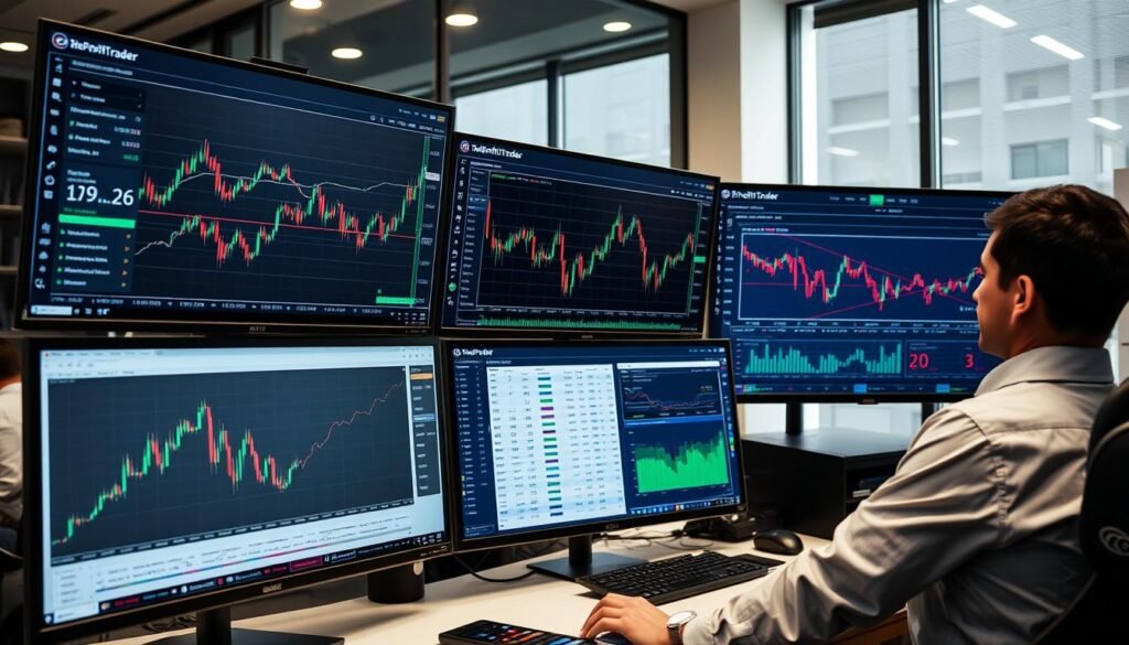 Trader using TakeProfitTrader platform on multiple screens in 2025 Trader using TakeProfitTrader platform on multiple screens in 2025